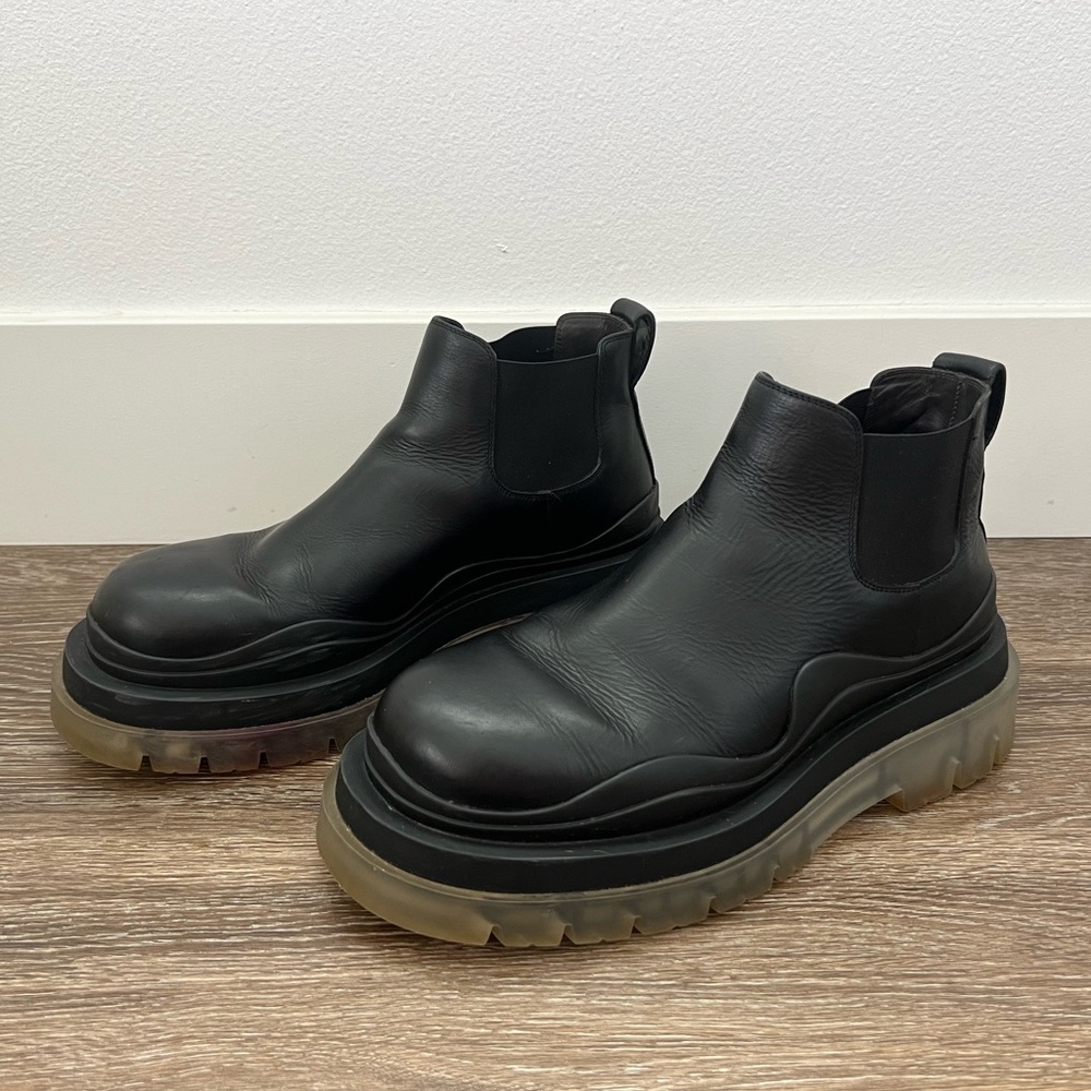 BOTTEGA VENETA Tire Boots - Black Leather, Clear Sole - US 9 - 💯 AUTHENTIC